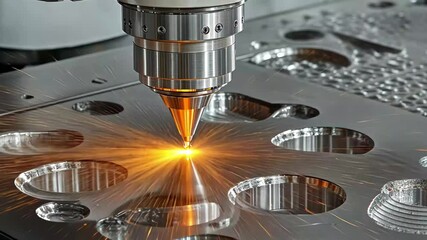 Poster - CNC machine cuts metal with precision, creating sparks in a workshop environment, Close up of a CNC machine cutting metal with sparks flying