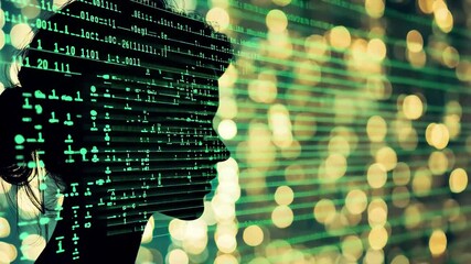 Poster - Silhouette of a person illuminated by digital code against a backdrop of illuminated bokeh lights, Silhouette of a person with digital code, representing human interaction with large databases