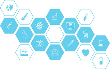 Aufkleber - Abstract geometric health care background with hexagon shapes for medicine, science, chemistry. Medical background with flat icons and symbols