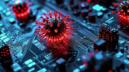 Poster - Explore the intricate patterns of circuitry illuminated by vibrant red structures, Showcase the intricate patterns and structures of a computer virus attacking a database