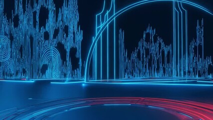 Poster - A futuristic stage with a red sphere and neon blue lights in a cyberpunk scene