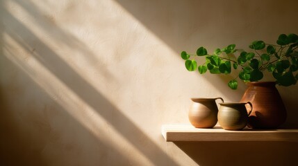 Poster - Sunlight streaming onto a shelf with pottery and a green plant in a serene interior setting