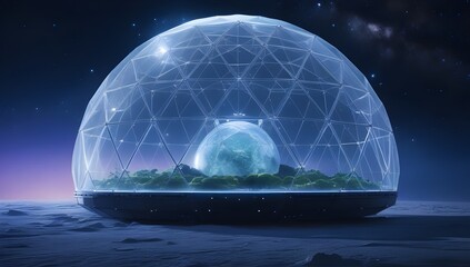 Wall Mural - A futuristic geodesic dome encapsulates a vibrant green ecosystem, set against a backdrop of a starry night sky. The scene suggests a harmonious blend of nature and technology