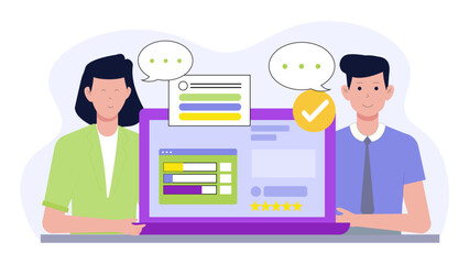 Poster - Man and woman reviewing laptops online survey. Suitable for technology, internet surveys, online reviews, working from home concept visuals.