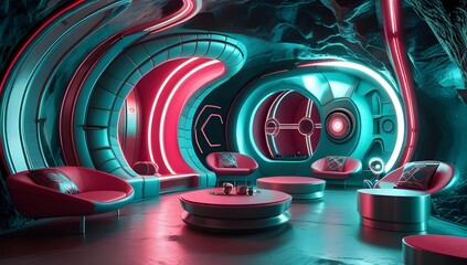 Wall Mural - A futuristic lounge features sleek furniture and neon lighting, creating a vibrant and otherworldly atmosphere. Curved walls and ambient lights enhance the modern and sci-fi aesthetic.