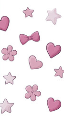 Poster - Colorful flat illustration featuring various pink hearts, stars, and flowers scattered across a white background, creating a playful and cheerful design for creative projects