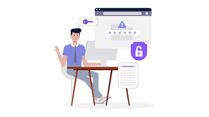 Aufkleber - Man sitting at computer typing a password, depicting cybersecurity, technology, authentication, login, data security, online protection, internet privacy concepts.