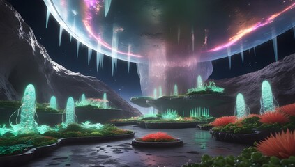 Wall Mural - surreal landscape features glowing, translucent structures resembling plants set against a dark, cav