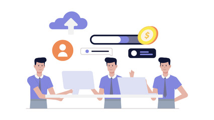 Aufkleber - Three men working on computers earning money online. Perfect for illustrating remote work, online business, and teamwork in digital era.