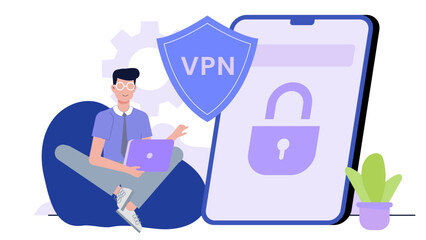 Poster - Man securely accessing internet with a VPN. Suitable for cybersecurity, online privacy, virtual private network concepts. Protection from data breaches.