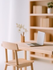 Poster - Minimalist workspace featuring a wooden desk with a laptop and plant, surrounded by bookshelves