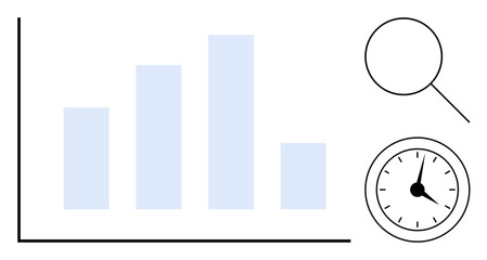 Poster - Bar chart, magnifying glass, and clock highlight performance, analysis, and time efficiency. Ideal for business, analytics, productivity, research planning data tracking simple flat metaphor