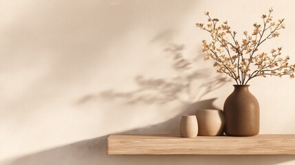 Poster - Minimalistic interior design featuring brown vases and dried flowers on a wooden shelf