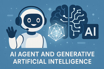 Poster - AI Agent and Generative AI: A friendly AI agent with a headset waves, alongside a graphic depicting a brain and AI circuitry, symbolizing generative artificial intelligence.