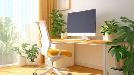 Poster - Bright and modern home office setup featuring a desk, chair, and indoor plants in a sunny room