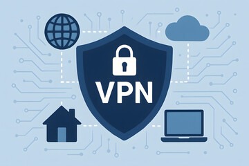 Poster - Secure Digital Haven: A visual narrative of virtual private network security. A protective shield and symbolic icons such as world, cloud.