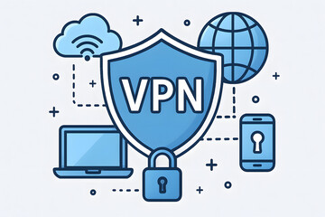 Poster - Digital Shield: A stylized representation of a virtual private network (VPN) is showcased, where connectivity and security are prioritized.