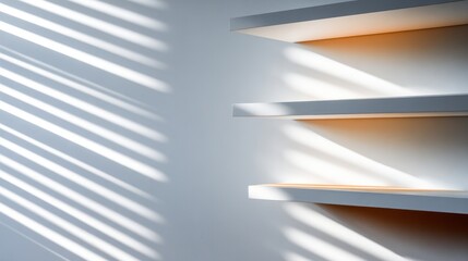 Poster - Minimalist interior with shelves casting shadows, creating a serene atmosphere in a modern space