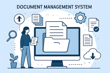 Poster - Digital Document Management: A depiction of the efficient management of digital documents, presenting a woman in a professional workspace interacting with a computer system. 