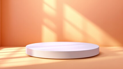 Poster - Minimalist round platform in softly lit peach room with shadows creating depth