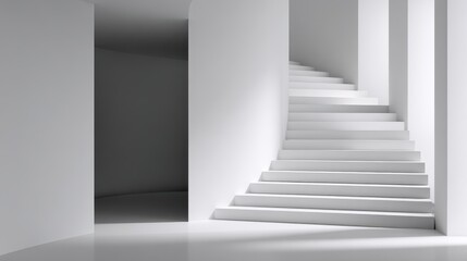Poster - Minimalist interior with white staircase leading to upper level in modern architectural space