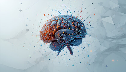 Poster - An illustration depicts the human brain with connected dots, representing technology, neuroscience, artificial intelligence, and cognitive function.