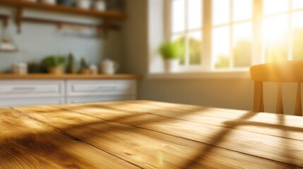 Poster - Sunlit kitchen table with warm wood texture, showcasing a cozy atmosphere and greenery