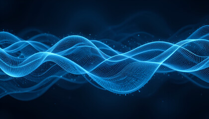 Fototapete - Glowing blue digital waves ripple across a dark background, creating an abstract and futuristic design element, ideal for tech concepts.