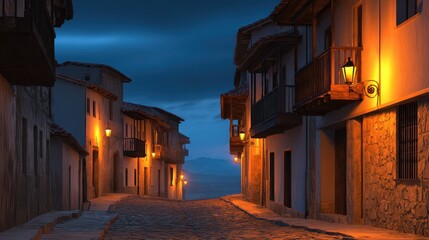 Wall Mural - serene twilight street scene in a historic village, illuminated by warm lanterns, with mountains in 