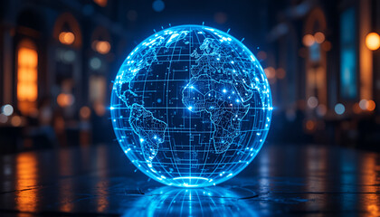 Fototapete - An illuminated digital globe displays world map, representing global connections, technology, and international business across the globe.