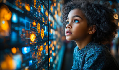 Poster - Curious young girl exploring futuristic digital interface with glowing data visualizations and technology concepts in dark environment