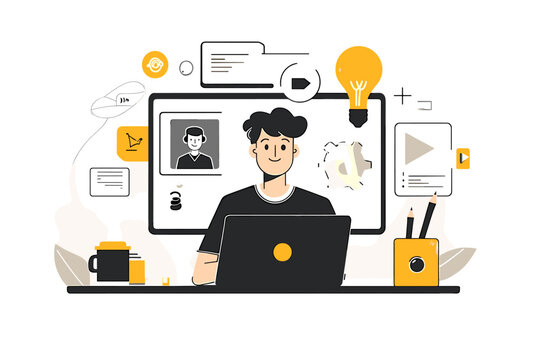 Creative Workspace Illustration with Modern Technology and Business Icons in a Minimalist Style