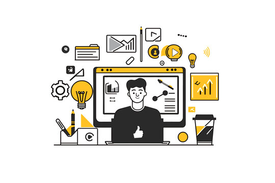 Creative Workspace Illustration with Modern Technology and Business Icons in a Minimalist Style