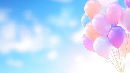 Poster - Colorful balloons floating against a bright blue sky with soft clouds in the background