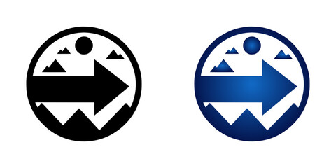 Poster - Arrow symbol with mountain graphic in black and blue circular design, icon set  