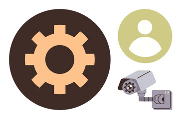Poster - Gear symbol, CCTV camera, and user icon portraying concepts of system control, security, privacy, settings, user management, and technology. Ideal for cybersecurity surveillance privacy