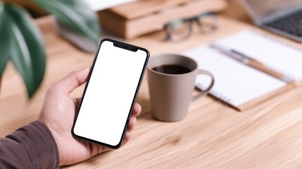 Poster - Person holding a blank smartphone in a cozy workspace with a coffee cup and notebook