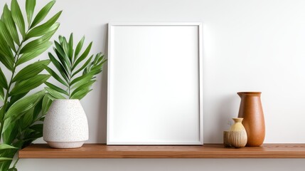 Poster - Minimalist interior featuring a blank frame on a shelf with decorative vases and plants