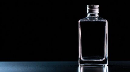 Poster - Clear glass bottle on a dark surface with soft lighting, showcasing its transparency and shape