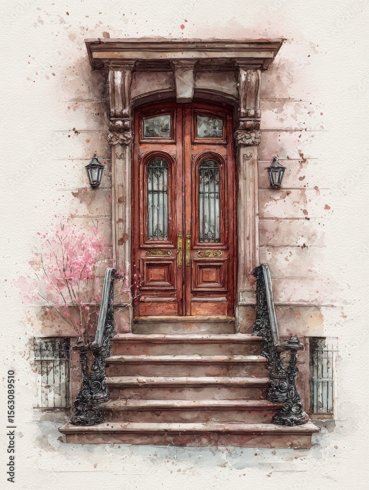 A beautiful wooden door with glass panels features ornate details and sturdy steps.