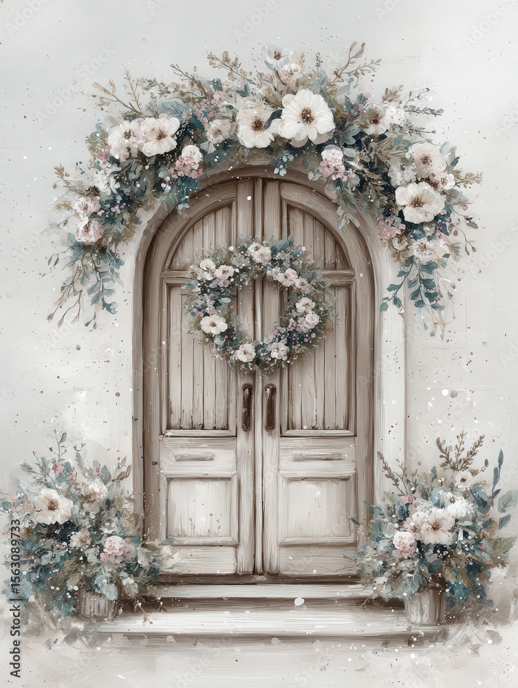 A charming doorway adorned with an elegant floral arrangement and a wreath. The soft hues create a serene atmosphere, enhancing the inviting nature of the entrance.