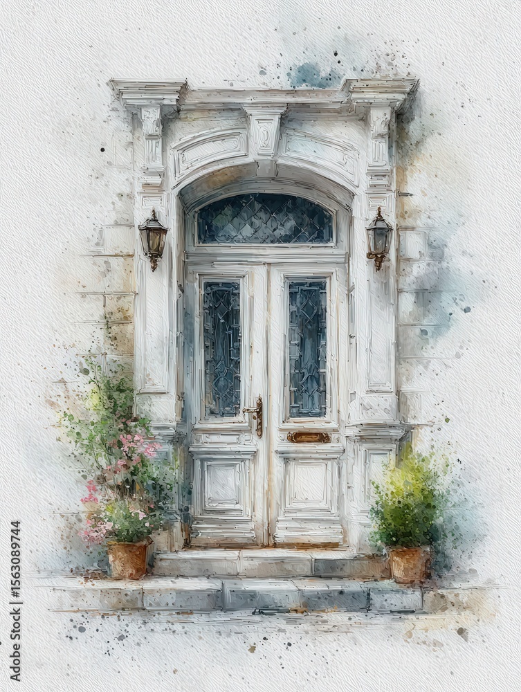 A beautifully detailed white door stands at the entrance of a stone building, adorned with two lamps and surrounded by potted flowering plants. The scene captures a tranquil, inviting atmosphere.