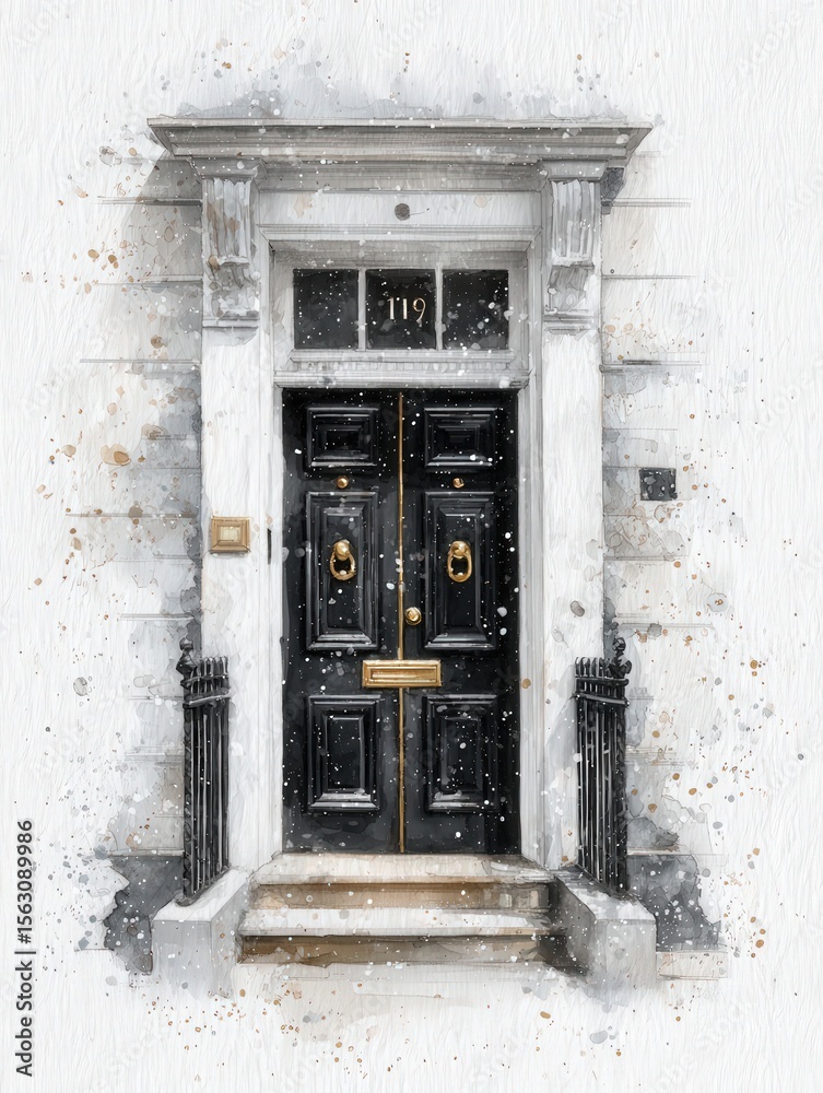 An inviting black door with gold handles welcomes visitors to a stylish white building, surrounded by gentle snowfall. The decorative architecture and railing add to the urban charm.