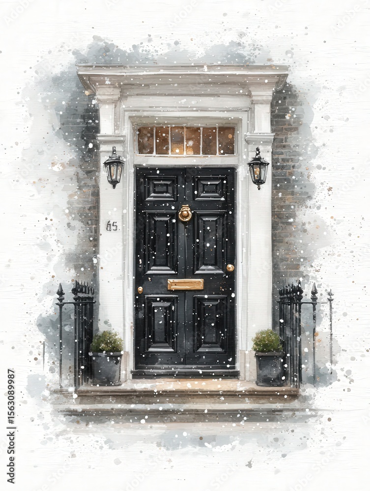 The black front door has a brass number and a letter slot, surrounded by snowy decorations. Soft snowflakes fall gently, creating a peaceful winter atmosphere in a charming neighborhood.