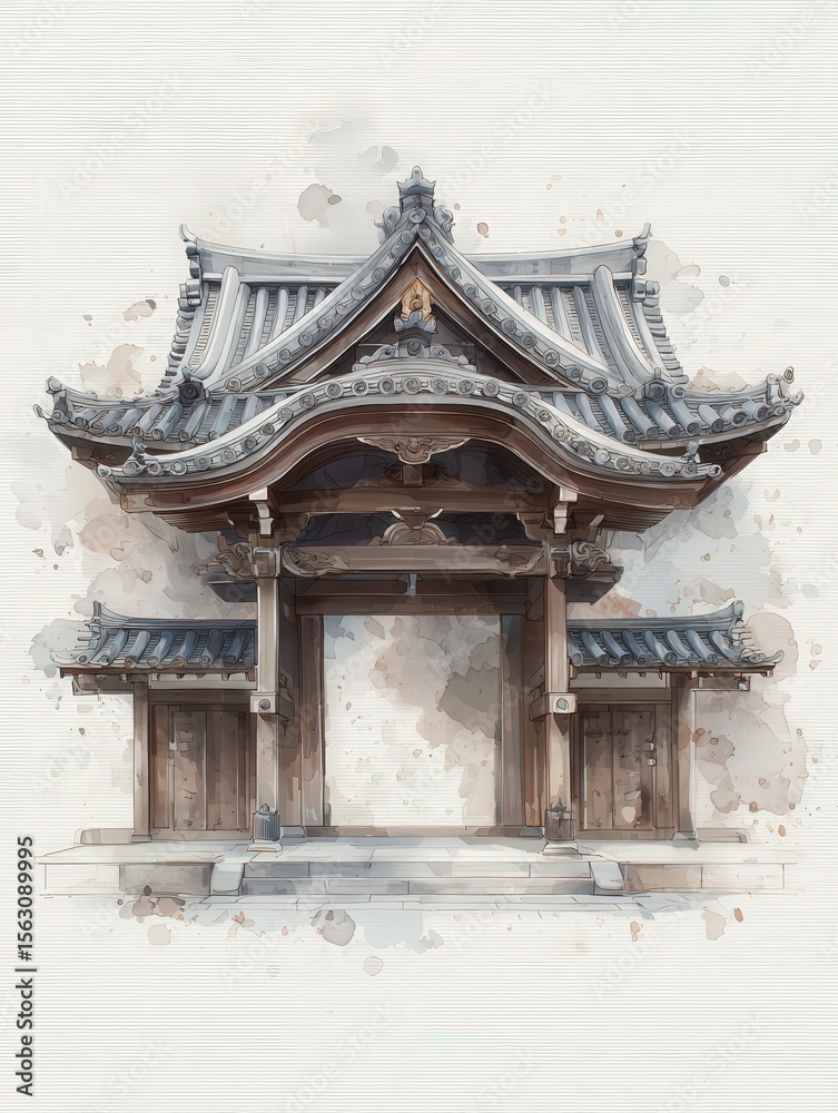 A beautifully crafted wooden temple gate showcases intricate architectural details typical of Japanese design.