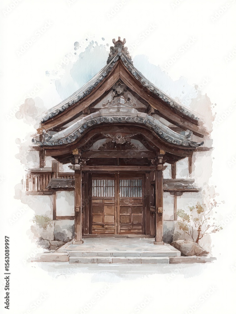 A traditional wooden structure features intricate roof designs and ornate details. The building stands in a serene setting, surrounded by subtle natural elements, reflecting cultural heritage.
