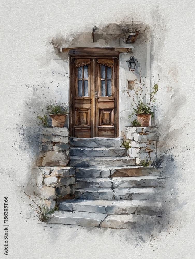 A charming wooden door is framed by two planter pots on either side, leading up a set of weathered stone steps. The scene is bathed in a warm, inviting light typical of sunny days.