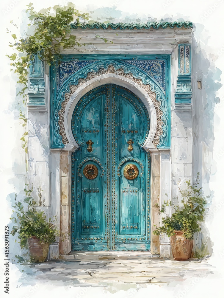 An elegant blue door adorned with intricate carvings is surrounded by white walls and potted plants. It reflects Mediterranean architecture, creating a charming, inviting entrance.