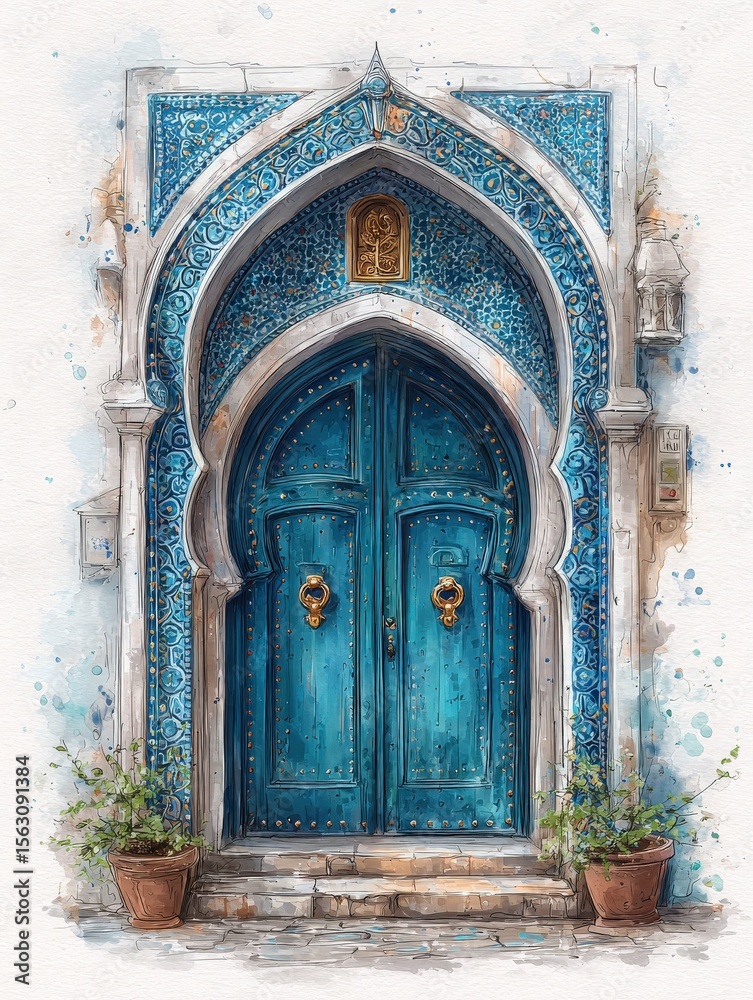 This stunning blue door features intricate tile designs and elegant arches. It is situated in a historical urban area, surrounded by potted plants that enhance its beauty.