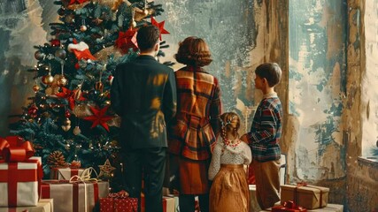 Poster - A family posing in front of a decorated Christmas tree, festive atmosphere